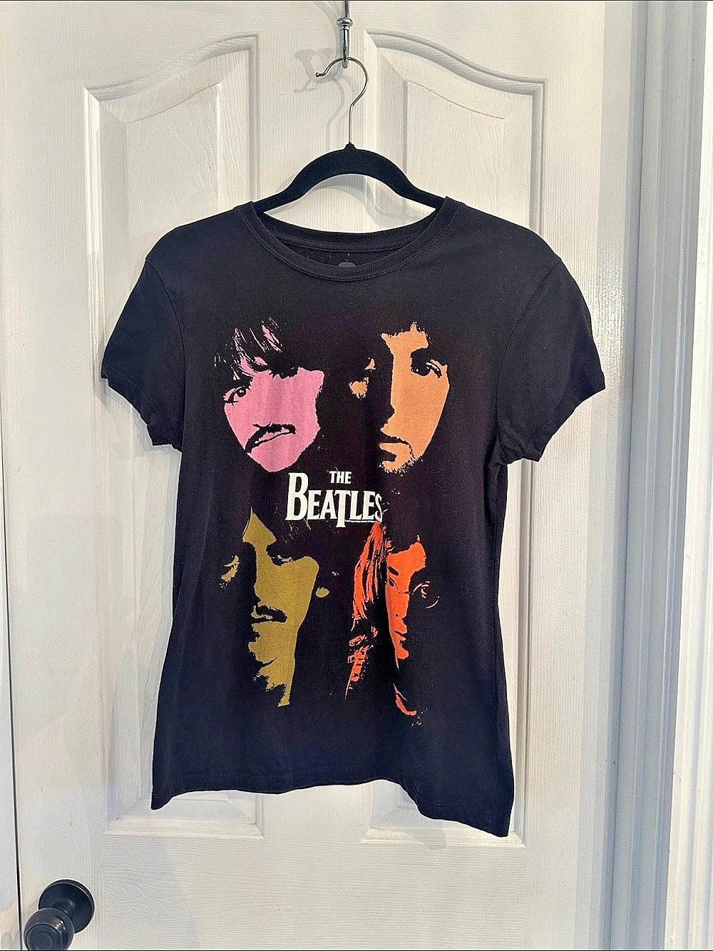 The Beatles Pop Art Faces T-Shirt Graphic Tee Black Size Medium